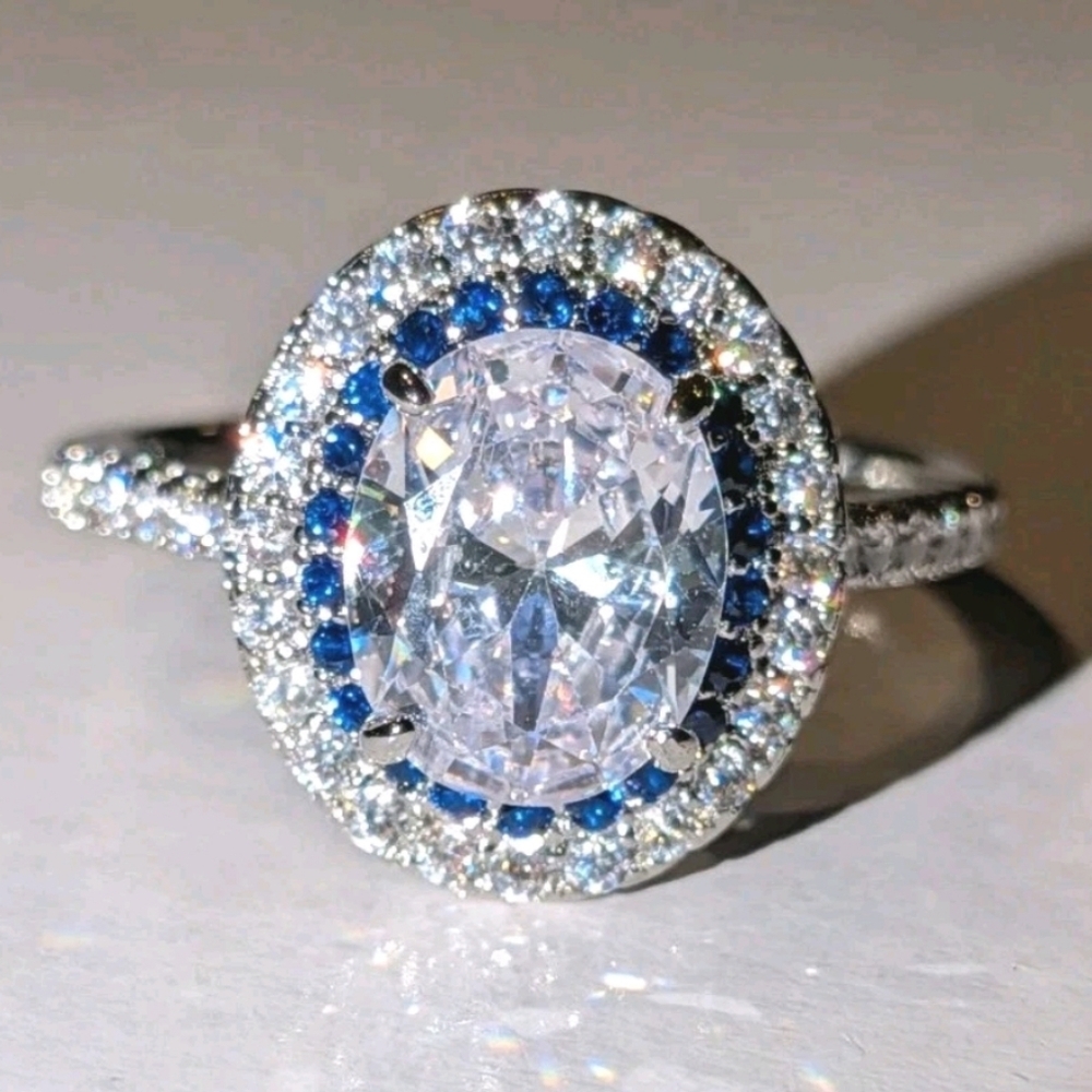 3Ct 925 Silver Oval Cut Blue Halo White Diamond Simulated Engagement Ring Sz 10